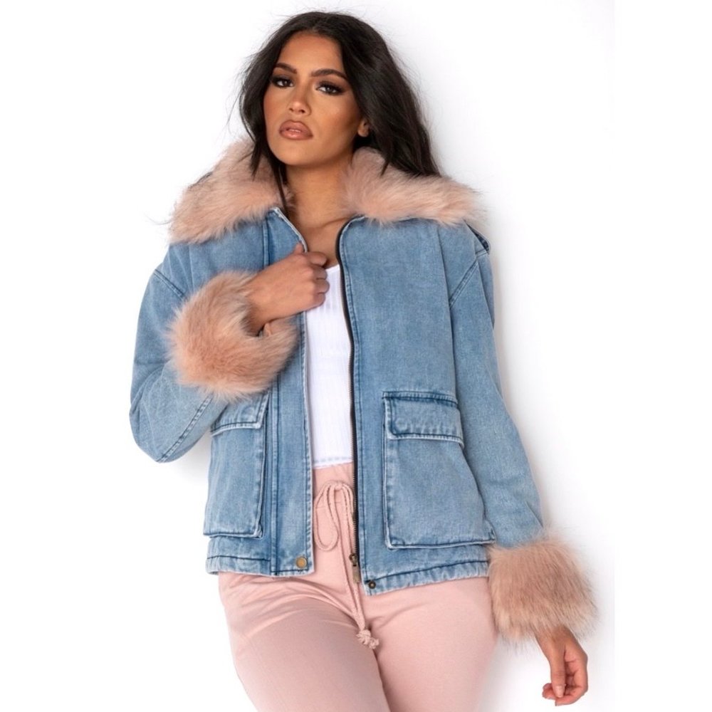 Long Sleeve Shearling Lined Faux Fur Collar and Cuff Denim Jeans Jacket - Picture 1 of 13